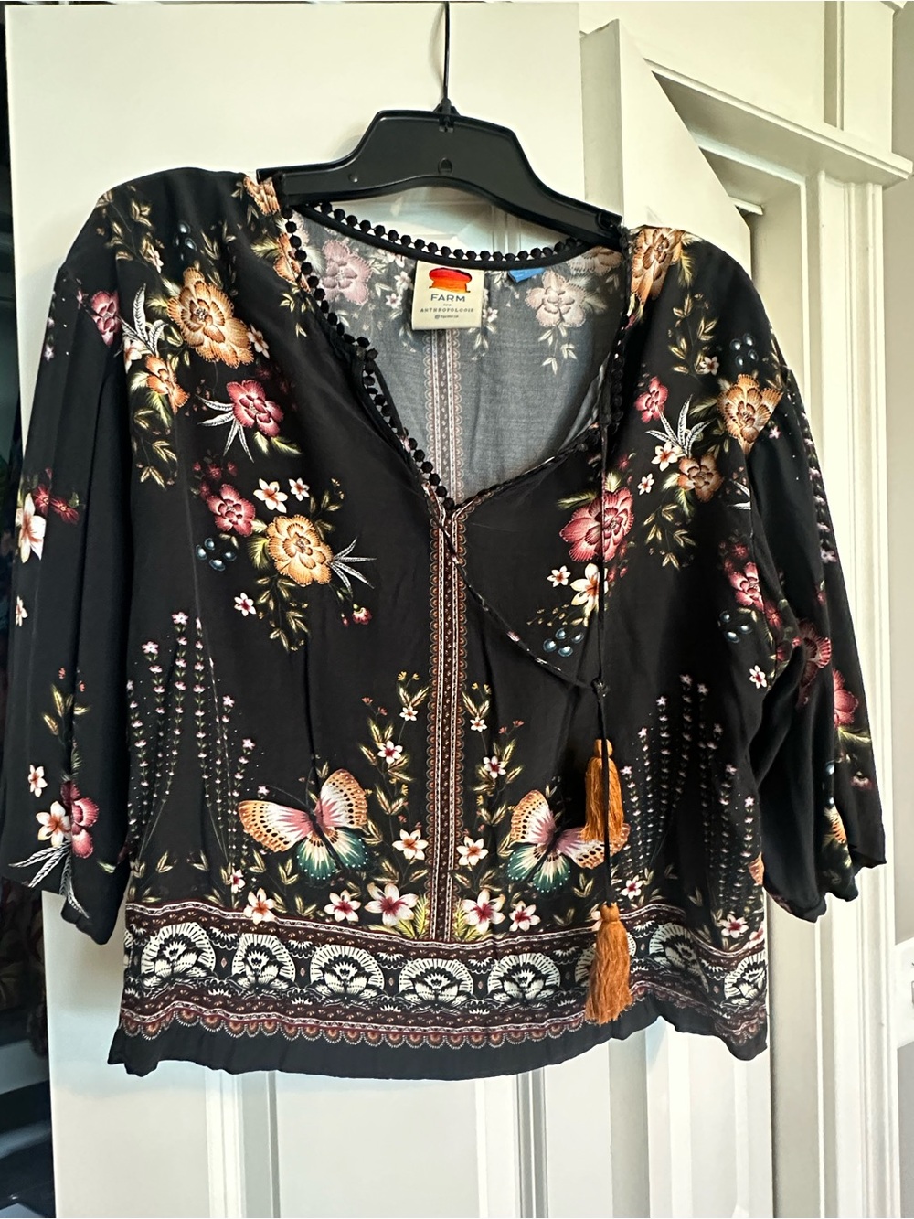 FARM Rio Black Floral & Butterfly Embroidered Tunic with Gold Tassels